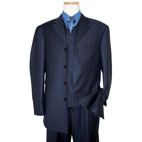 Steve Harvey Collection Navy Blue With Shadow Stripes And Dotted Sky Blue Pinstripes Super 120's Merino Wool Vested Suit
